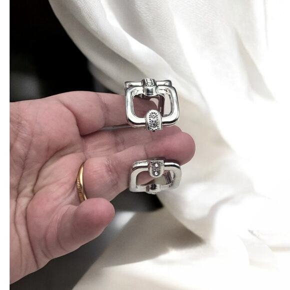 Chunky Silver Tone Link Hinged Bracelet with Rhinestone Accents - Picture 5 of 6